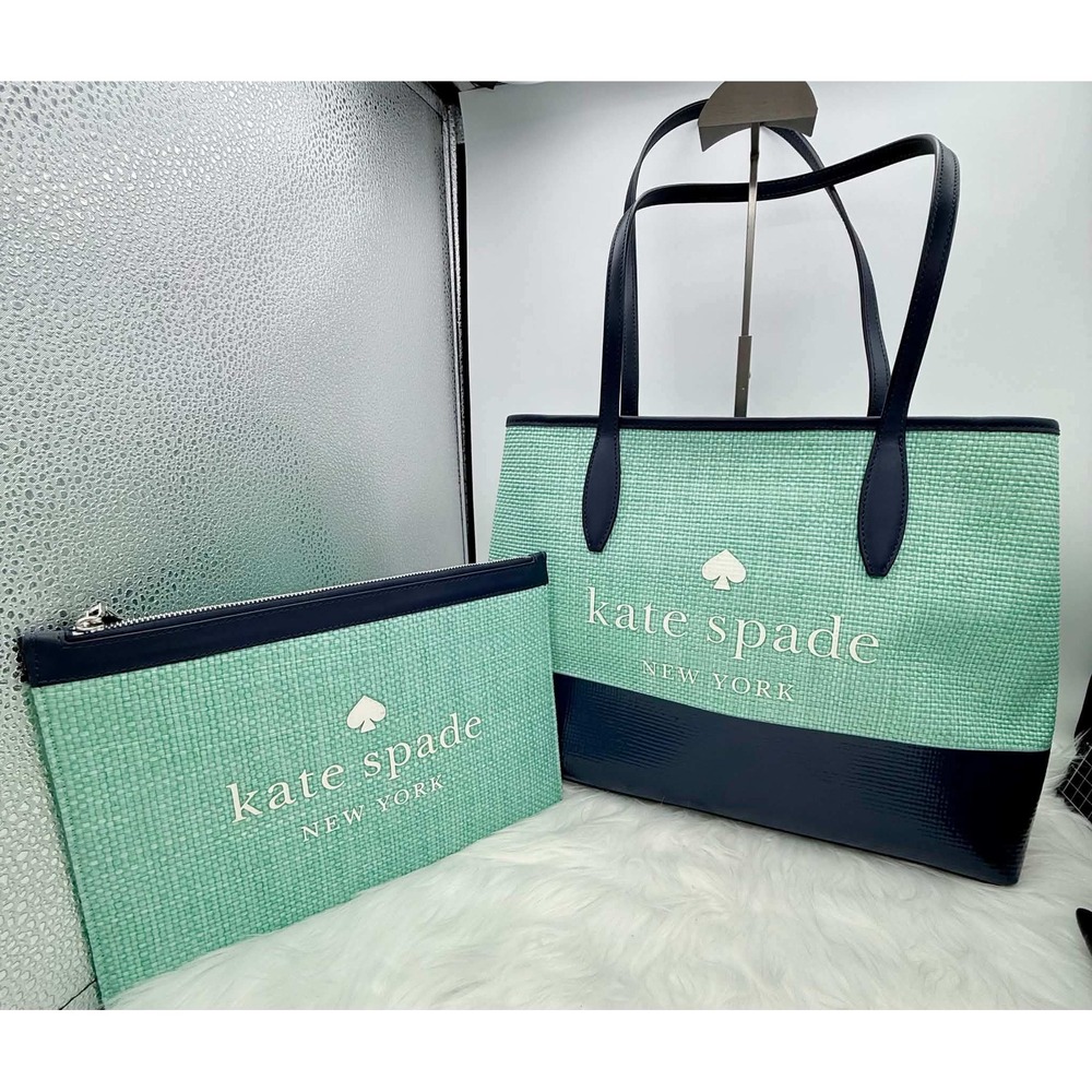 NWT Kate Spade Chelsea Market Straw Tote Bag Matching Pouch Set Mint Navy Woven